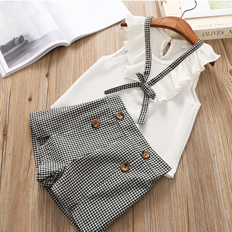Girls Chiffon Vest + Plaid Hot Pants Two-piece Suit