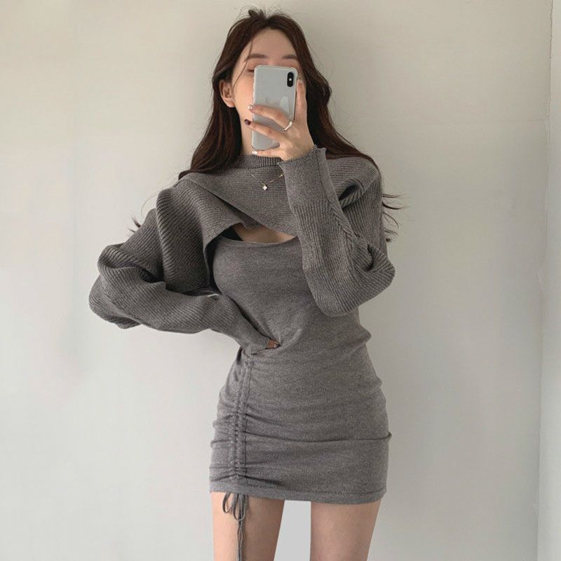 Fashion Full Sleeve Knitted Top Pleated Strapless Drawstring Winter Casual Style Loose