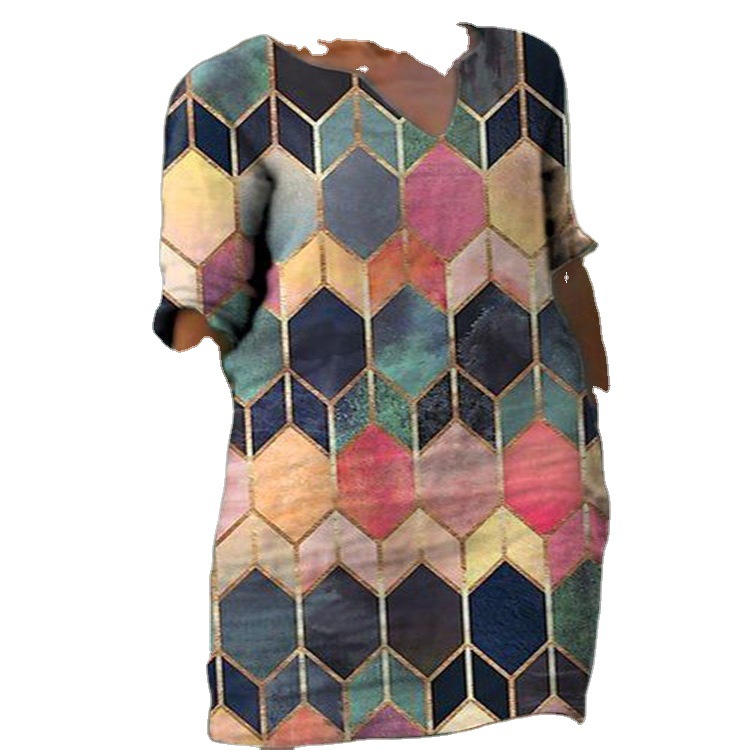 Loose Ladies Casual Geometric Long V-Neck Dress