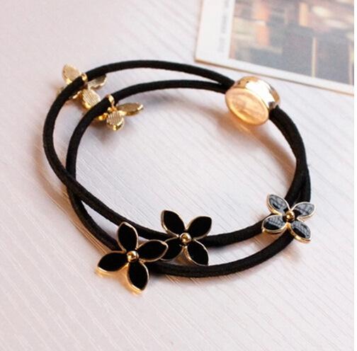 Alloy Flower Alloy Four Leaf Clover Rubber Band Black - Shop at LoveMi