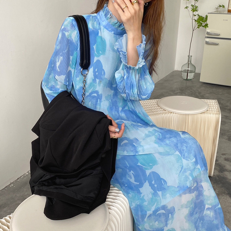 Tie-dye Ink-Print Pleated Ruffled Chiffon Dress