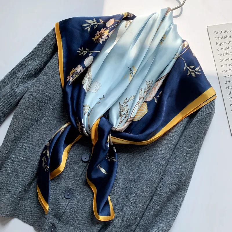Small Silk Scarf Female Big Square Scarf Middle-aged Mother Mother-in-law Scarf - Shell Navy