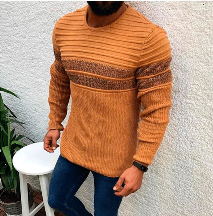 Striped Men's Color Matching Casual Round Neck Pullover Bottoming Shirt