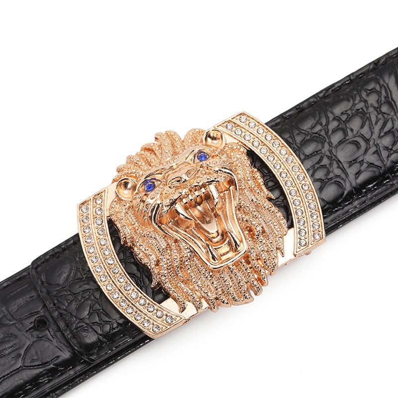 Lion Men's Smooth Buckle Belt Cowhide Men's Leather Belt