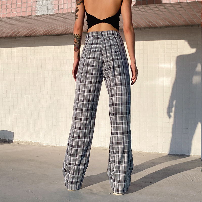 Loose and Thin Drape Straight Retro Plaid Pants