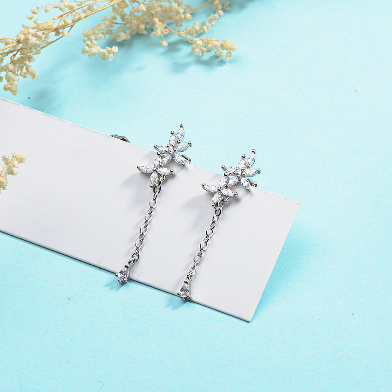 Flash Diamond Daisy Flower Tassel Rear Hanging Light Luxury Style Niche Design Earrings