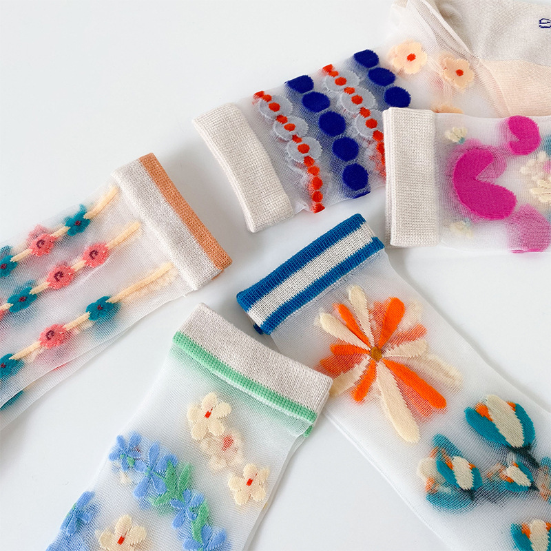 Small Flower Socks Breathable Glass Silk Ladies Cotton Socks