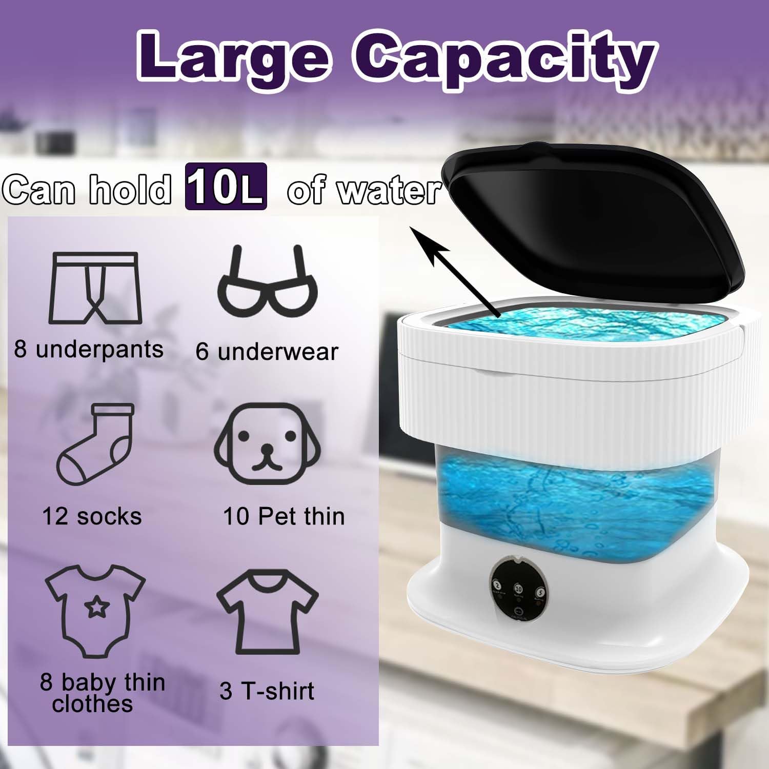 Portable Washing Machine, 10L, Foldable Washer. Portable washing machine,10L, Foldable Washer,3 Modes Deep Cleaning of Underwear, Baby Clothes and Other Small Clothes. Suitable for Apartments, Hotel, Camping, Dormitories and Travel. Portable Folding: Smal