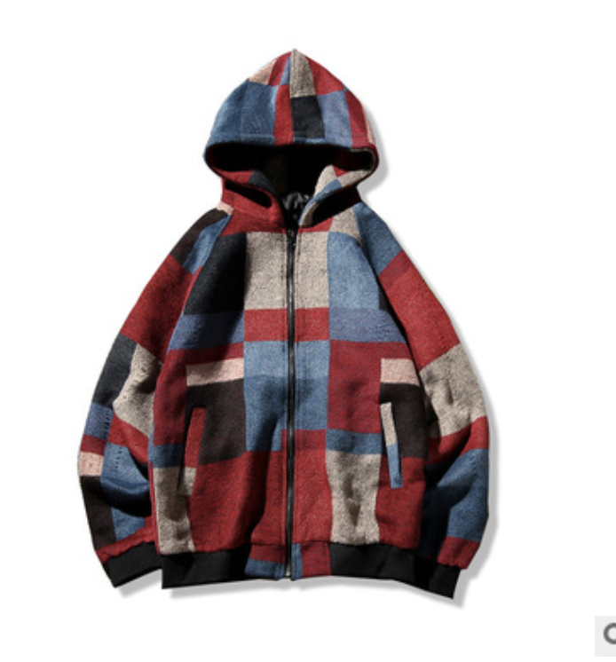 Harajuku Mens Plaid Color Block Hooded Woolen Coat