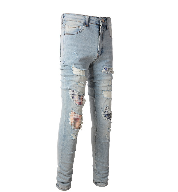 Hole & Patch Jeans Vintage Men's Stretch Slim High Street Denim