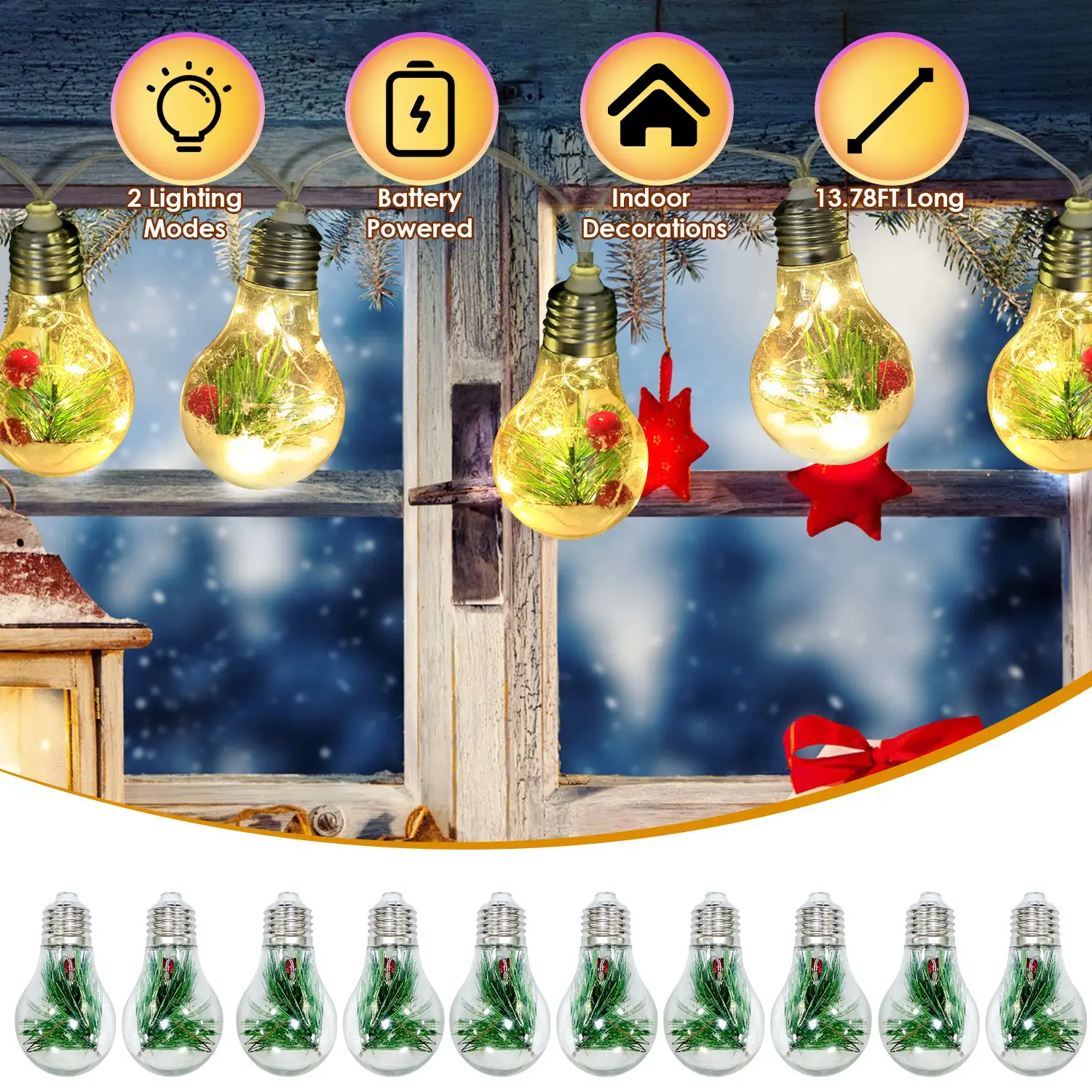 13.78FT Christmas Snow Globe String Light Battery