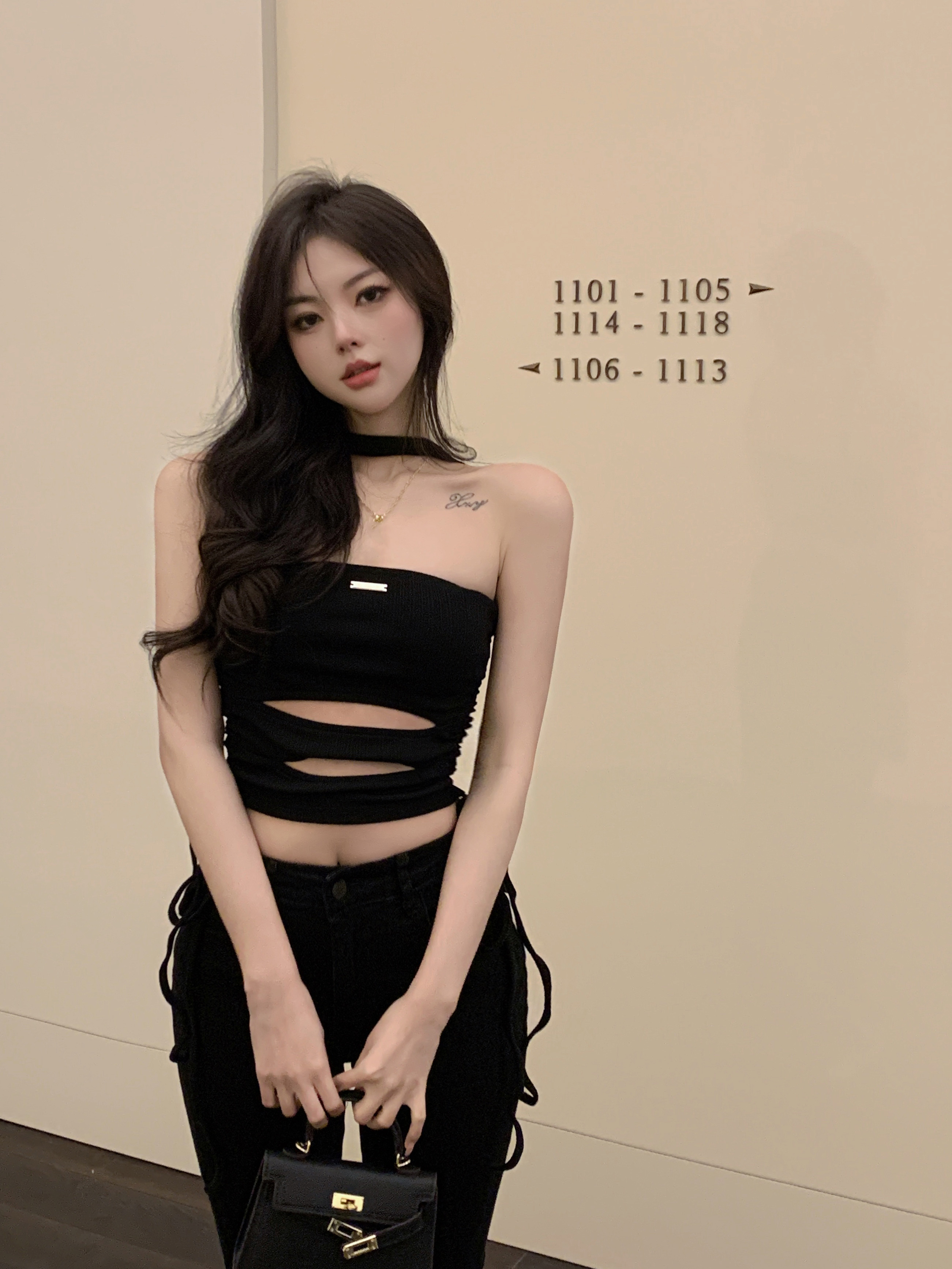 Black Cutout Drawstring Camisole Short Halterneck