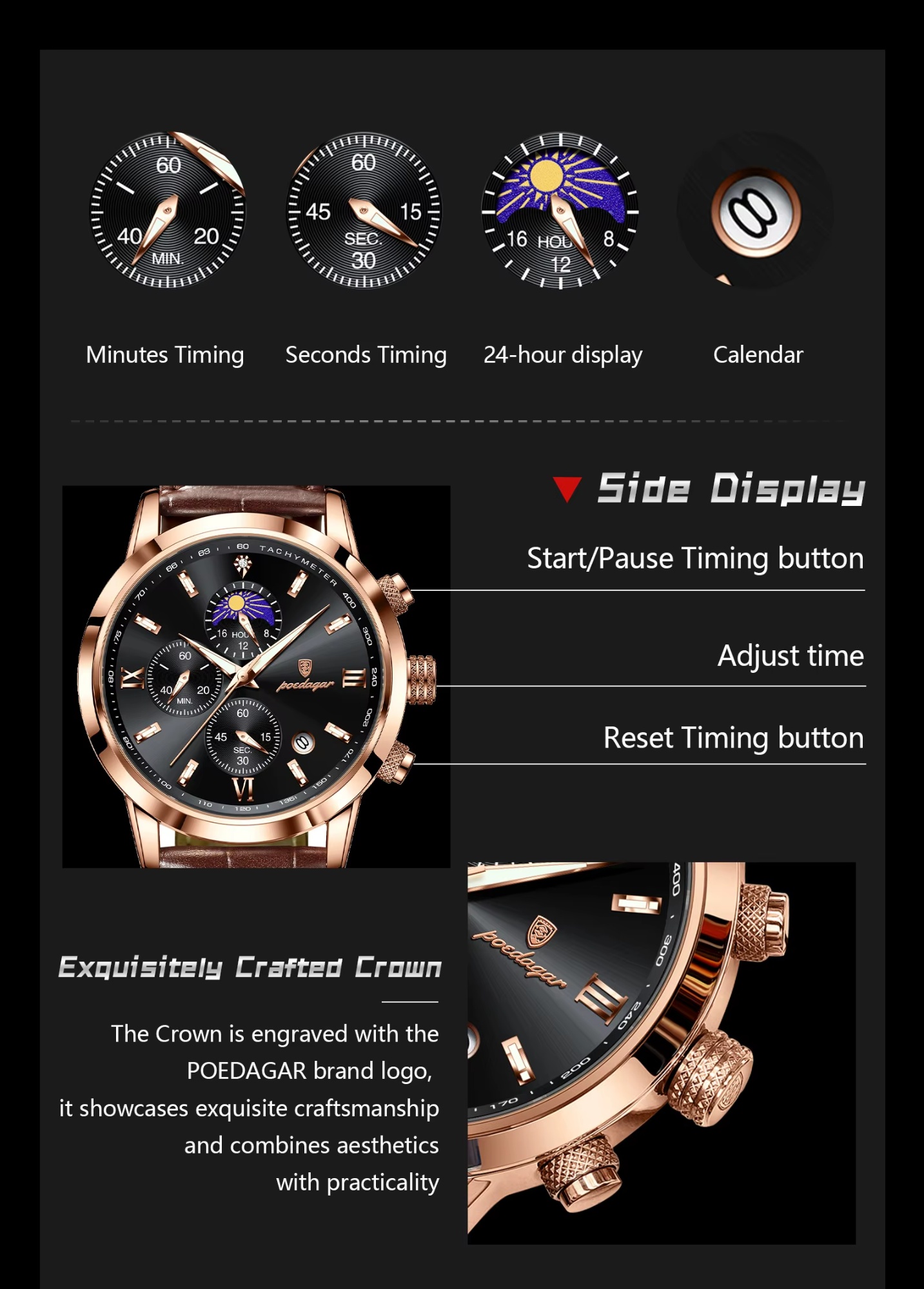 Moon phase Multi Function Quartz watch for Men