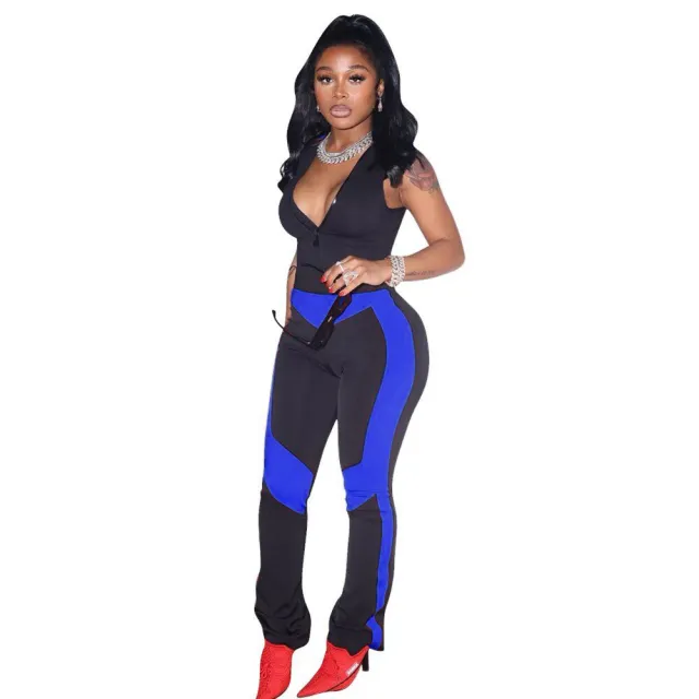 Women's Fashion Collision Color Splicing Sleeveless Jumpsuit Royal - Shop at LoveMi