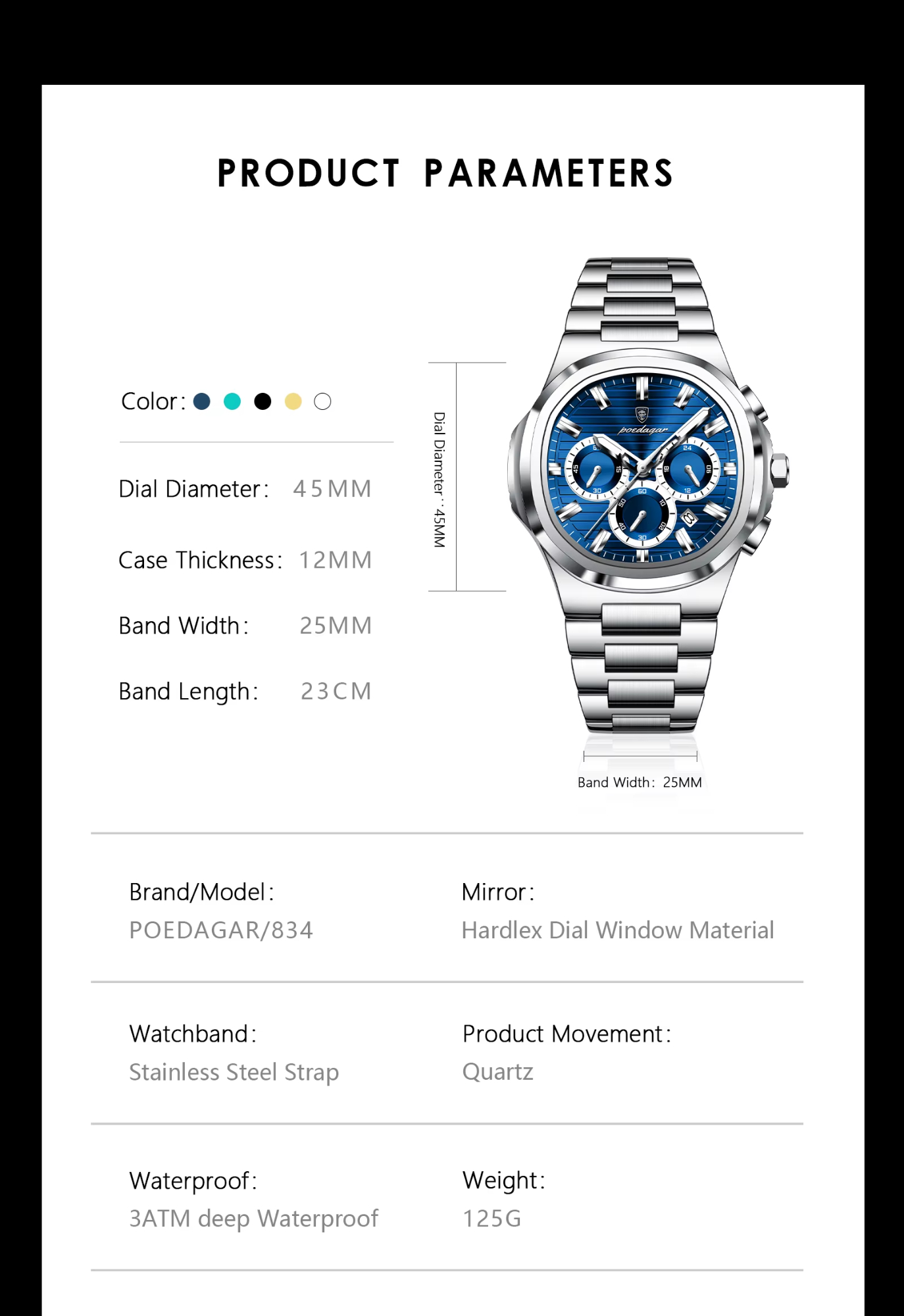 Poedagar 834 Steel Quartz watch for Men