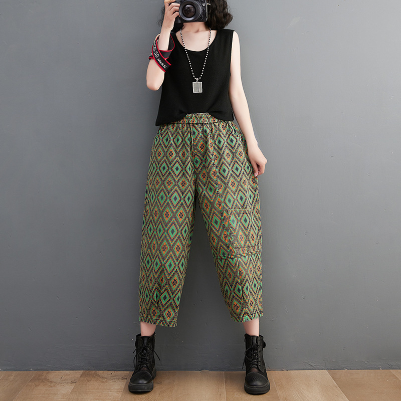 Women's Denim Print Casual Cropped Pants