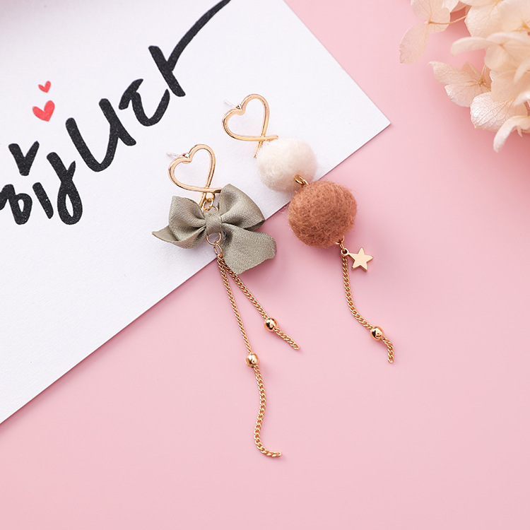 925 silver needle sweet hair ball bow love tassel earrings girl heart ball asymmetric earrings