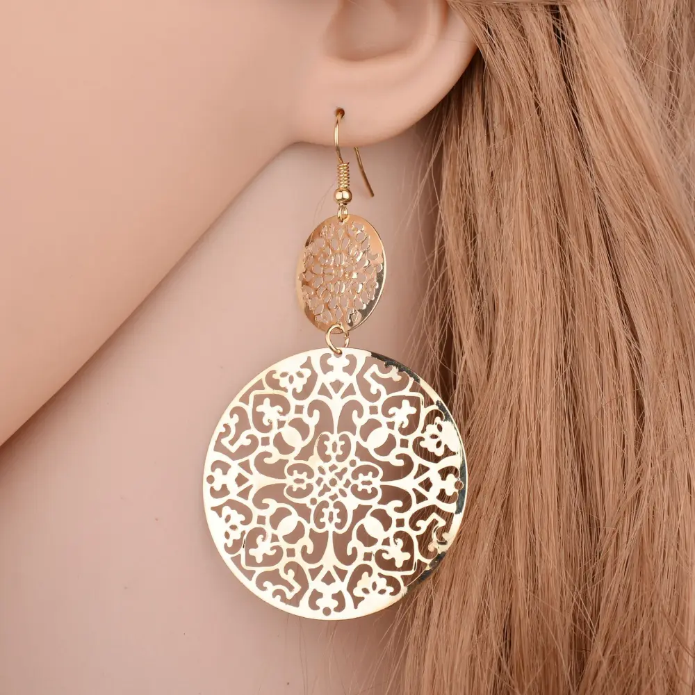 Womens Round Hollow Earrings Gold Filled Dangle Drop Earing