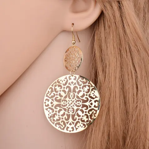 Womens Round Hollow Earrings Gold Filled Dangle Drop Earing