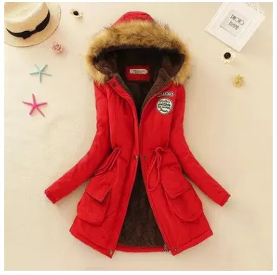 Thick Winter Jacket Women Large Size Long Section Hooded parka outerwear new fashion fur collar Slim padded cotton warm coat - Red Red