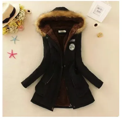 Thick Winter Jacket Women Large Size Long Section Hooded parka outerwear new fashion fur collar Slim padded cotton warm coat - Black