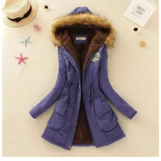 Thick Winter Jacket Women Large Size Long Section Hooded parka outerwear new fashion fur collar Slim padded cotton warm coat - Royal Blue