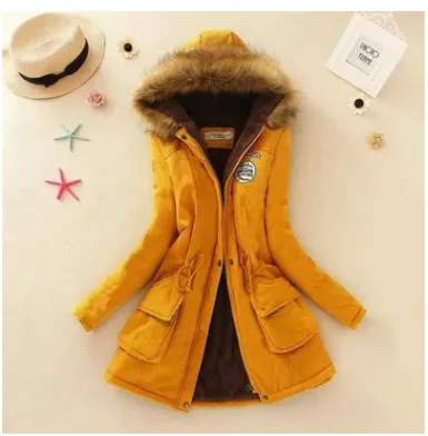 Thick Winter Jacket Women Large Size Long Section Hooded parka outerwear new fashion fur collar Slim padded cotton warm coat Yellow - Shop at LoveMi