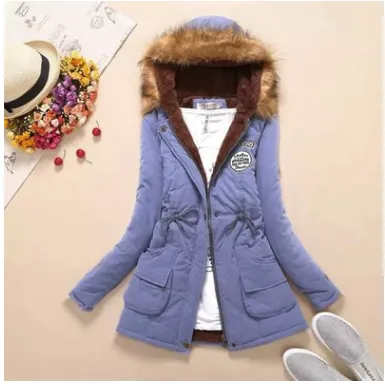 Thick Winter Jacket Women Large Size Long Section Hooded parka outerwear new fashion fur collar Slim padded cotton warm coat Cowboy Blue - Shop at LoveMi