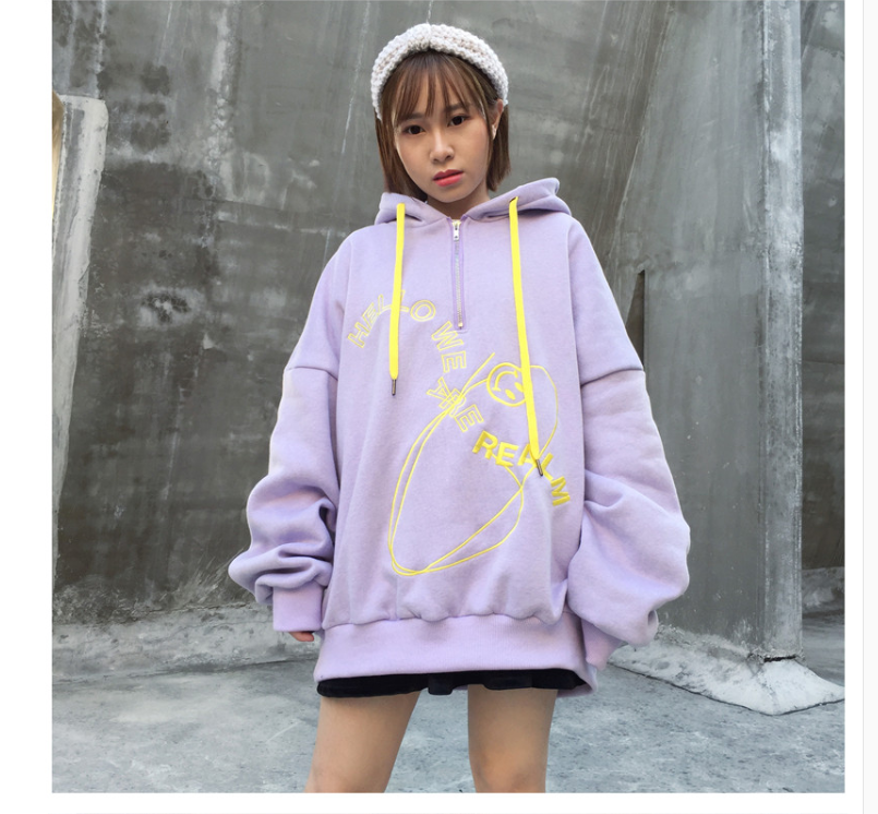 Winter Harajuku Cute Purple Embroidered Rose Hat With Velvet Loose Sweater Student