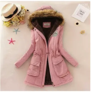 Thick Winter Jacket Women Large Size Long Section Hooded parka outerwear new fashion fur collar Slim padded cotton warm coat - Hot Pink