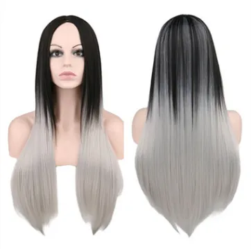 Wig 68cm long ladies straight hair black gray gradient color synthetic high temperature silk wig - Shop at LoveMi