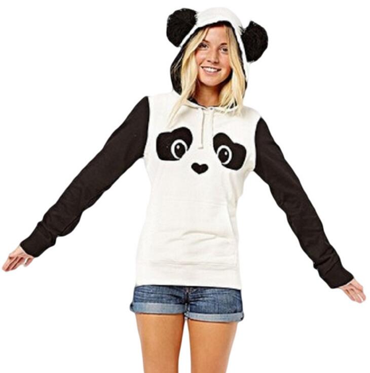 Hippie cute panda print fleece black and white contrast color pocket sweater