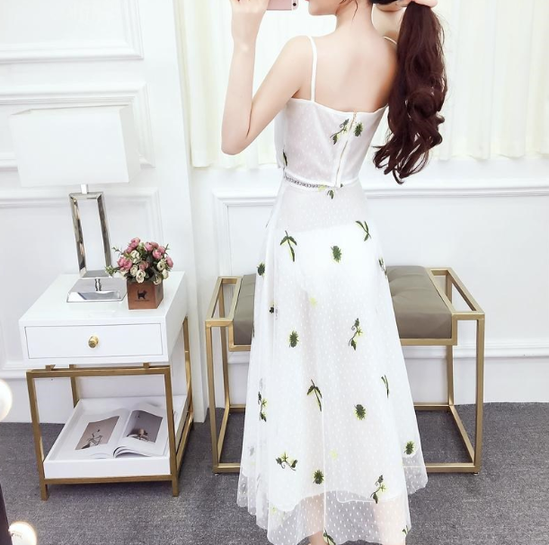 Summer new style temperament sexy sling top printing mesh long section slim skirt set