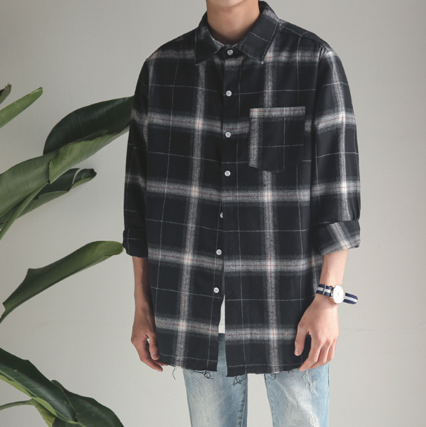 Autumn new edging plaid shirt men's fashion casual shirt Korean version of the trend of students long-sleeved shirt men's clothing