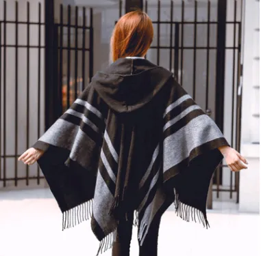 autumn and winter ladies cloak shawl hooded warm tassel scarf shawl dual use thick shawl Black - Shop at LoveMi