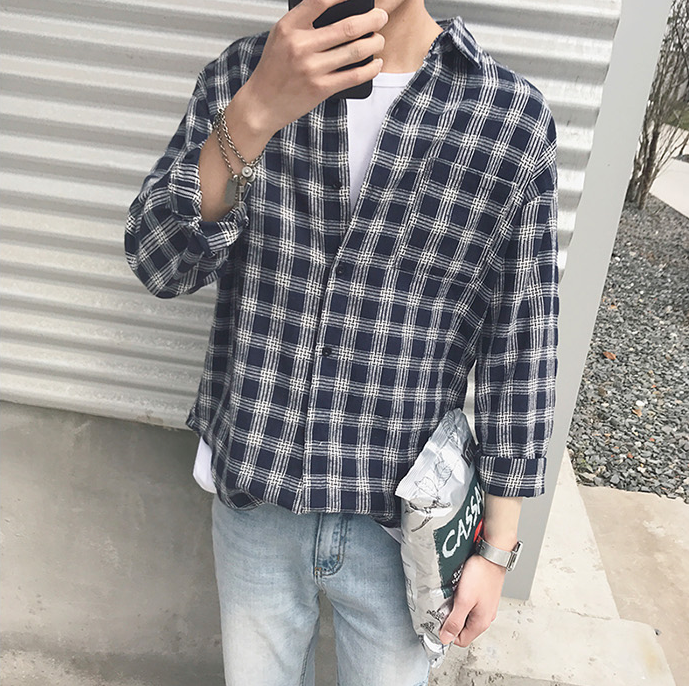 Plaid and velvet shirt men's wild long-sleeved shirt