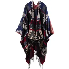 Indian geometric diamonds long thickening cashmere ethnic wind travel split shawl cloak - Indian Navy Blue - View 1