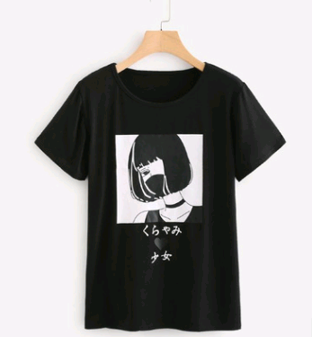 New collar short sleeve girl print T-shirt