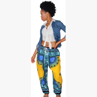 Sexy Bohemian Totem Digital Positioning Print Casual Pants Wide Leg Pants Yellow + Blue Bag - Shop at LoveMi