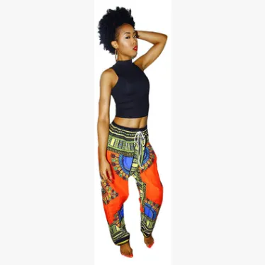 Sexy Bohemian Totem Digital Positioning Print Casual Pants Wide Leg Pants - Orange + Blue Bag