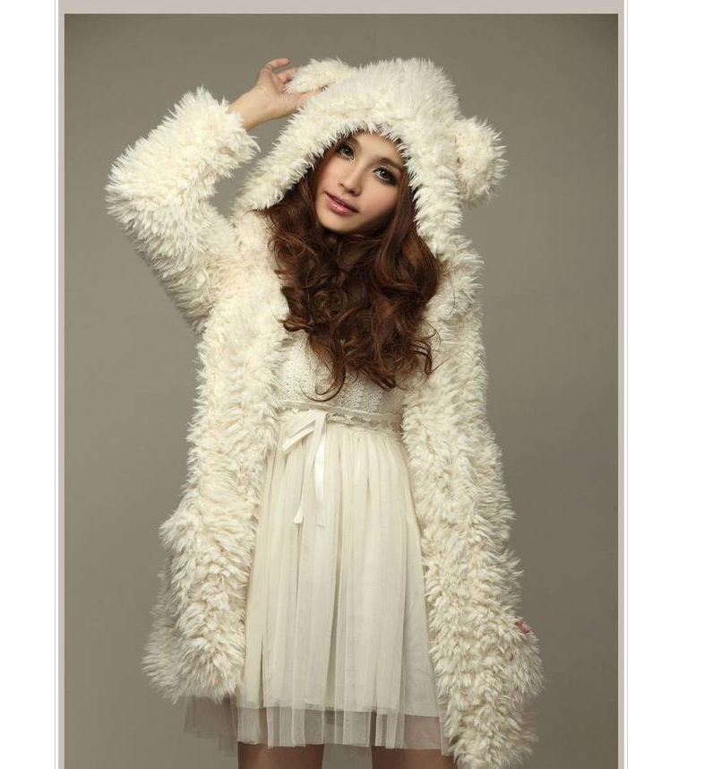 Autumn and winter new European and American large size loose long section bear ears hooded plush coat female