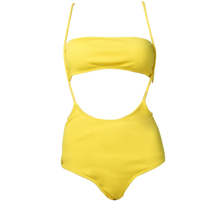Ms. Split Swimsuit Sexy Solid Colour Irregular Bib Bikini - Yellow