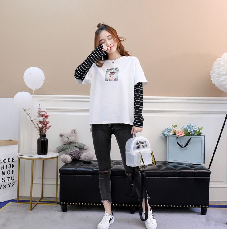 Cotton loose fake two-piece sweater female long-sleeved thin coat Korean version of the tide student T prostitute