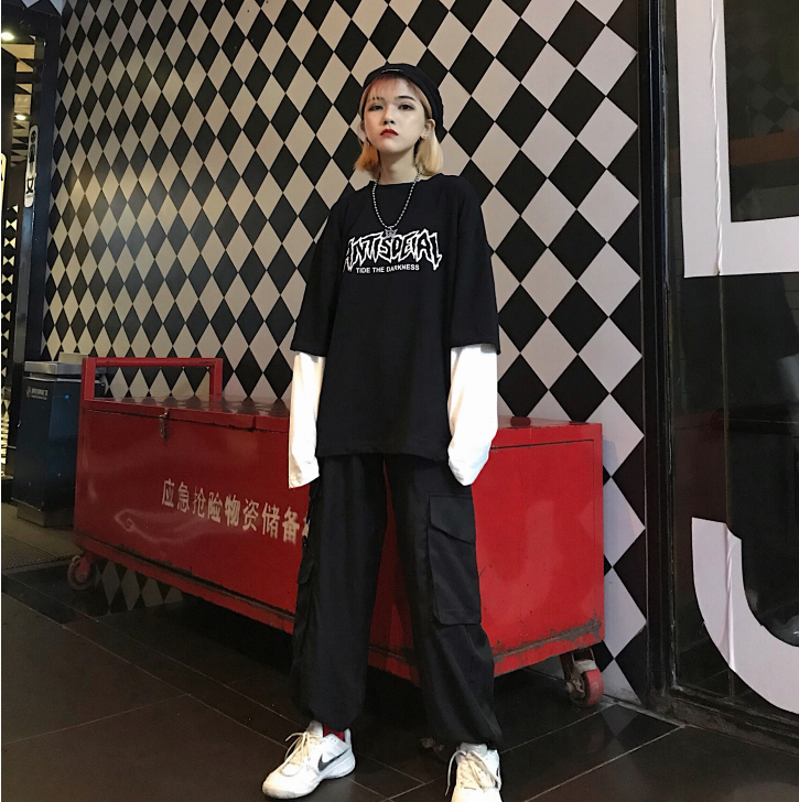 Fake two pieces Harajuku bf wind stitching sleeve letters loose wild long-sleeved T-shirt sweater women