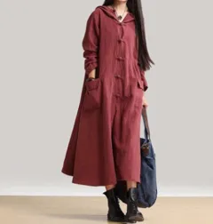 Vintage cotton linen hooded gown long dress dress windbreaker jacket - Wine Red - View 1