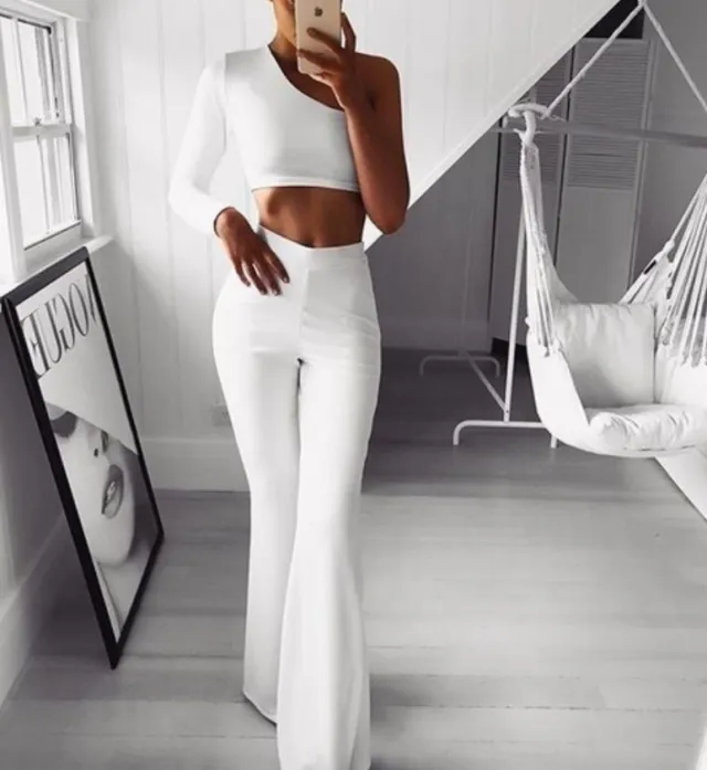 Solid color high elastic slim belly bell pants White - Shop at LoveMi