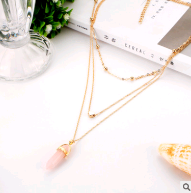 Hexagonal diamond gemstone natural stone heart love copper bead chain multi-layer necklace