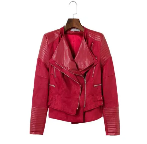 Spliced Faux Leather Suede Jacket Women Black Moto Coat Punk Camel Suede jaquetas couro Casaco chaquetas PU Slim Jacket - Wine