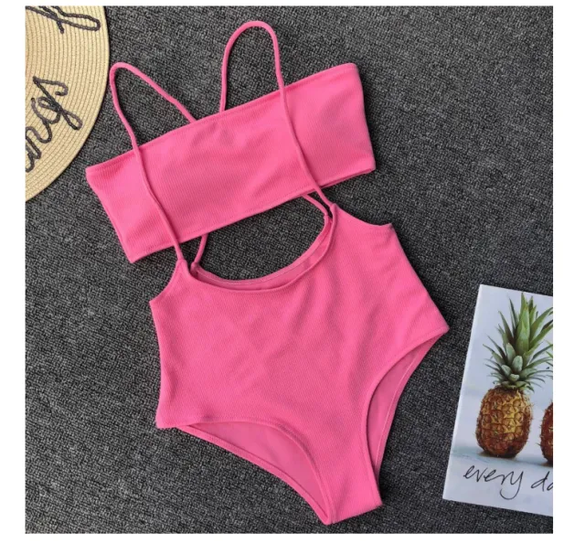 Ms. Split Swimsuit Sexy Solid Color Irregular Bib Bikini Pink - Shop at LoveMi