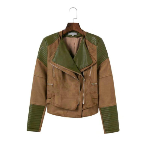 Spliced Faux Leather Suede Jacket Women Black Moto Coat Punk Camel Suede jaquetas couro Casaco chaquetas PU Slim Jacket Dark Khaki - Shop at LoveMi
